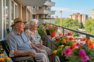 Elderly couple enjoys a sunny day on balcony filled with colorful flowers, sharing joyous moment,  Senior man in straw hat and smiling woman sit amidst vibrant flora on apartment terrace,