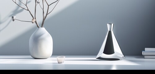 A sleek, minimalist design featuring a geometrically inspired perfume bottle, exuding modern allure.