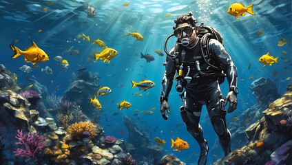 A man is scuba diving. Exploring the underwater world