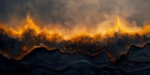 Foto op Canvas Halloween burning lava texture background. Gold fire concept of black armageddon hell. Fiery lava and rock backdrop with atmospheric light, grunge glowing texture wide banner by Vita © Vita