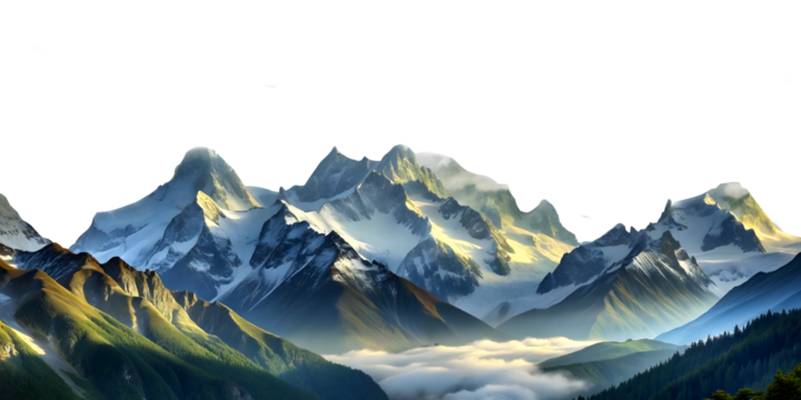 snowy mountain landscape and mountain peaks in the highland alps transparent background - Powered by Adobe