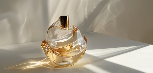 Delicate glass curves embrace a golden stopper, catching the sunlight with ethereal elegance.
