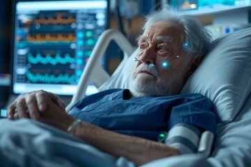 Elderly patient with nasal cannula lying in hospital bed, surrounded by advanced medical equipment and monitors. Aged individual receives medical attention,  machines providing vital sign monitoring - obrazy, fototapety, plakaty