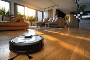 Domestic robot and home assistant vacuuming in the living room of a house. Concept of technology, future and artificial intelligence.