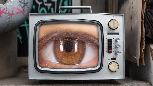 vintage television in urban settings with eye