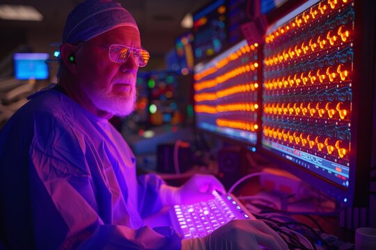 Scientist monitors complex data on glowing screens, reflecting intricate nature of advanced computational research and analytics. Expert in lab coat absorbed, showcasing crucial role of real-time data