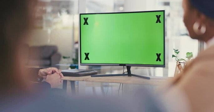 Business people, monitor and green screen for virtual meeting, online conference or seminar at office. Group of employees in team collaboration with chromakey display for presentation or mockup space