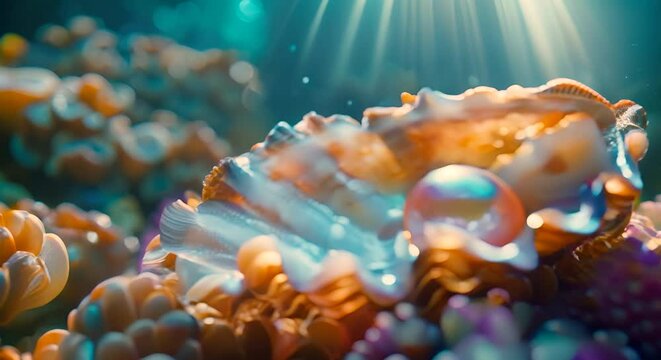 A pearl oyster bathed in a soft, shining light, set against the intricate details of coral formations, under the tranquil blue sea