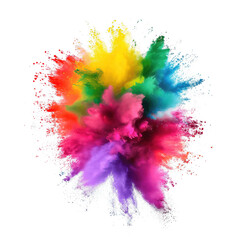 The image displays a dynamic burst of brightly hued powder, showcasing a spectrum of colors ranging from yellow, green, blue, red, to purple, which are diffusing against a neutral gray background, cre