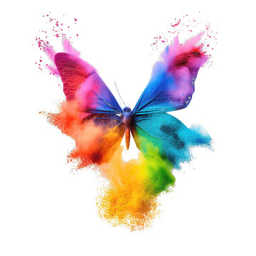 The image showcases a digitally manipulated butterfly that appears to be made out of dynamic splashes of paint, spanning a spectrum of bright colors, including pink, blue, green, and yellow against a 
