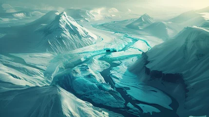 Foto op Plexiglas anti-reflex High above the Icelandic wilderness, glacier rivers carve through the icy expanse, their turquoise waters contrasting against the stark white of the surrounding glaciers © usama