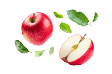 Apples with half slices falling or floating in the air with green leaves isolated on background, Fresh organic fruit with high vitamins and minerals.