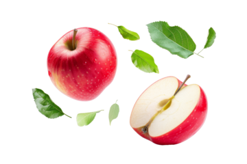 Apples with half slices falling or floating in the air with green leaves isolated on background, Fresh organic fruit with high vitamins and minerals.