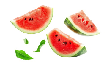 Watermelon with half slices falling or floating in the air with green leaves isolated on background, Fresh organic fruit with high vitamins and minerals.