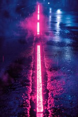 A dark and rainy street with a glowing pink line down the middle