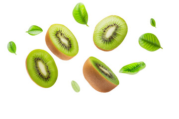 Kiwi with half slices falling or floating in the air with green leaves isolated on background, Fresh organic fruit with high vitamins and minerals.