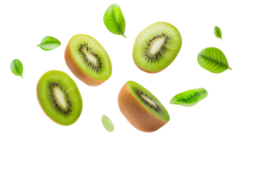 Kiwi with half slices falling or floating in the air with green leaves isolated on background, Fresh organic fruit with high vitamins and minerals.