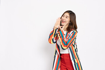 Asian businesswoman in colorful striped shirt suit summer outfits with open mouths raising hands screaming announcement isolated on white background