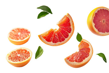 Red Pomelo with half slices falling or floating in the air with green leaves isolated on background, Fresh organic fruit with high vitamins and minerals.