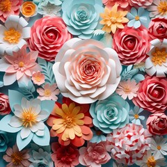 A variety of paper flowers in different colors are arranged together to form a background