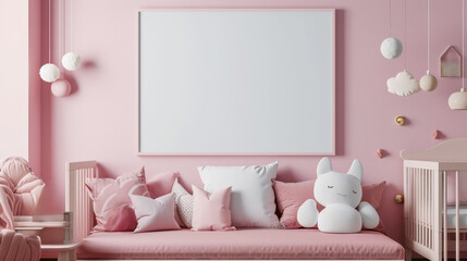 Cozy baby room with plush toys and pink furniture, white mockup frame, and decorative lighting. Playful ambiance concept