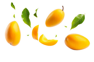 Mango with half slices falling or floating in the air with green leaves isolated on background,...