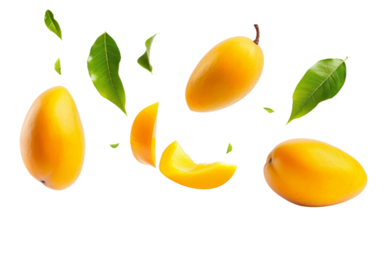 Mango with half slices falling or floating in the air with green leaves isolated on background, Fresh organic fruit with high vitamins and minerals.