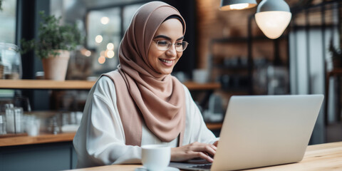 Confident muslim woman working on a laptop in a modern cafe setting. Generative AI