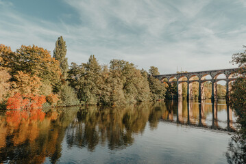 Railway Bridge with river in Bietigheim-Bissingen, Germany. Autumn. Railway viaduct over the Enz...
