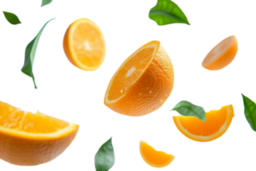 Oranges with half slices falling or floating in the air with green leaves isolated on background, Fresh organic fruit with high vitamins and minerals.