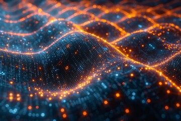 Blue and orange glowing 3D illustration of a wavy surface with binary code