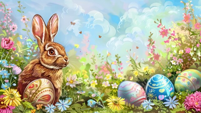 Background, eggs and color for holidays, holidays and Easter season with color with rabbits