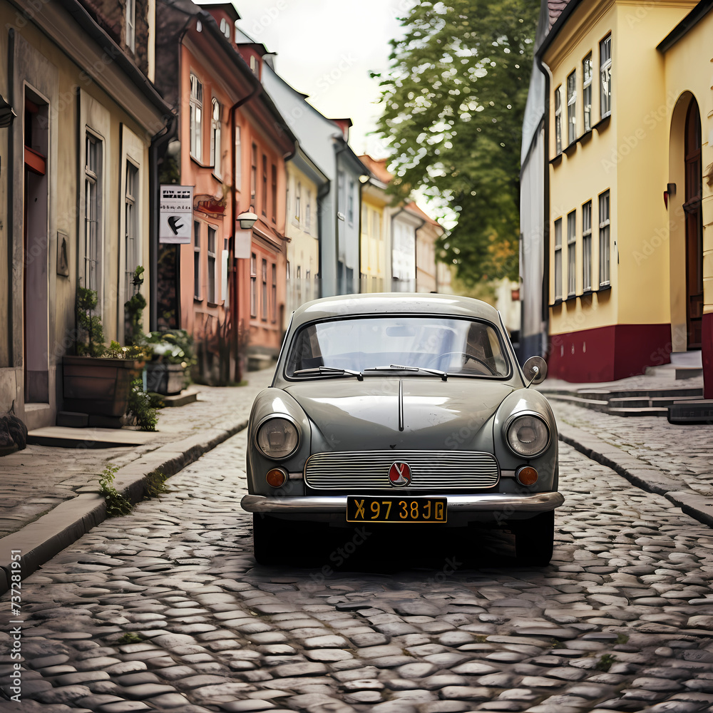 Sticker a vintage car parked on a cobblestone street.