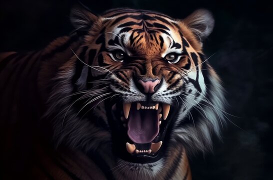 Aggressive tiger on black background