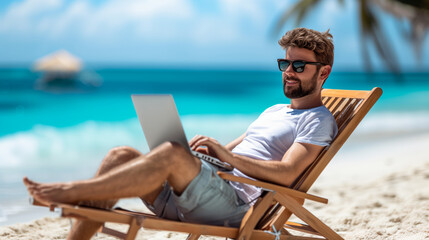 A man using a laptop while sitting on a beach chair with the ocean in the background, representing a remote work lifestyle.  Ai generative - Powered by Adobe
