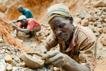 Gemstone mining techniques: Miners in remote locations, equipped with traditional tools, searching for elusive gemstones in rugged terrain.