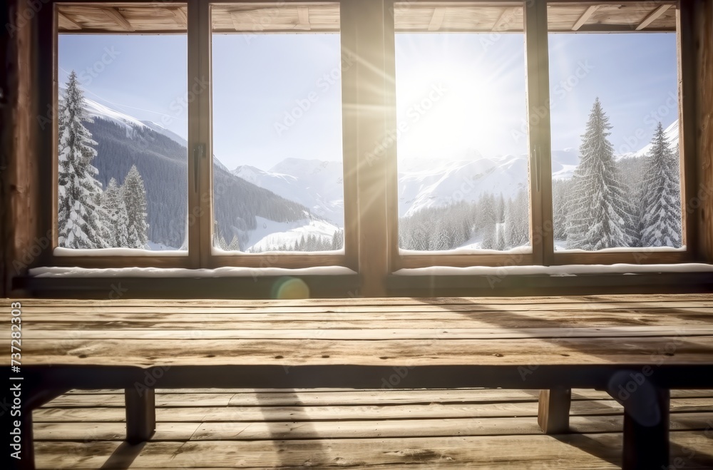 Poster empty wood with open windows showing a view of snowy mountains