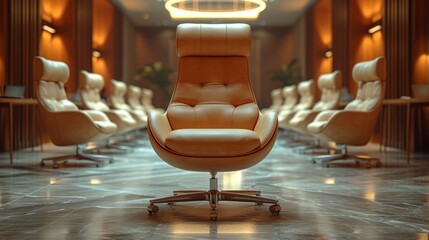 Empty conference room with a single chair in the center