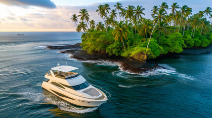 Naklejka na ściany i meble A yacht cruising near a tropical island with palm trees on a tranquil ocean at dawn or dusk. Ai generative
