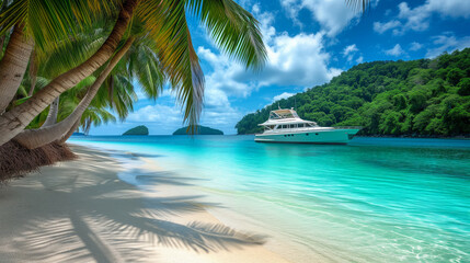 A yacht anchored close to a tropical sandy beach with palm trees and clear blue ocean waters. Ai...