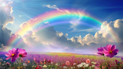 Fototapeta na wymiar Full Rainbow Arc over Sunlit Flower Meadow at Sunrise
