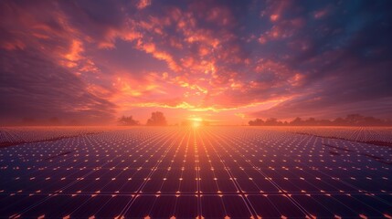 Field of solar panels at sunset - obrazy, fototapety, plakaty