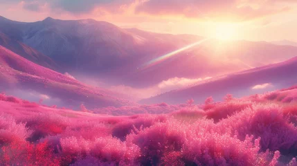 Fototapeten Misty Dawn Over Purple Wildflower Valley © Kondor83