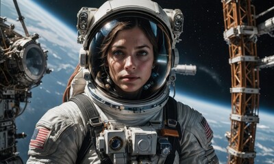 Obraz premium Interstellar Elegance: Astronaut Space-Walking with Ornate Suit Amidst Alien Thunderstorm