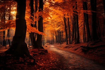 The fiery colors of a forest in autumn