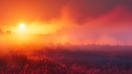 Sunrise and Rainbow Over Misty Flower Field