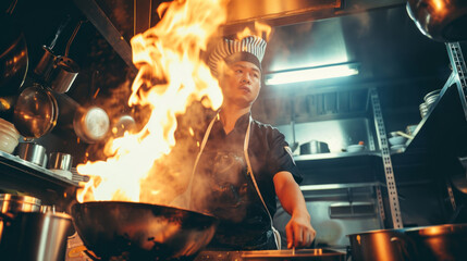 Asian chef is cooking with fire in professional restaurant kitchen