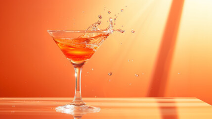 Cocktail in glass with splash against orange wall