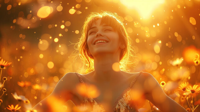 A happy young girl with arms wide open, smiling and soaking up the vibrant energy of a sun-drenched, golden meadow