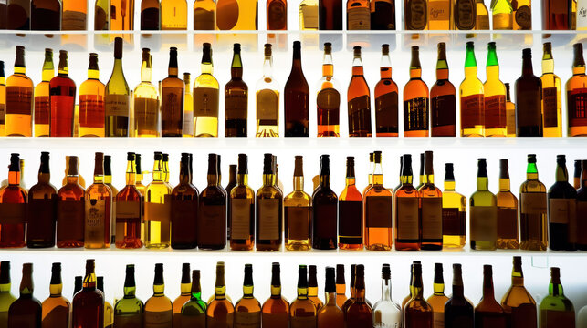 A lot of different bottles sitting on bar shelf, back light